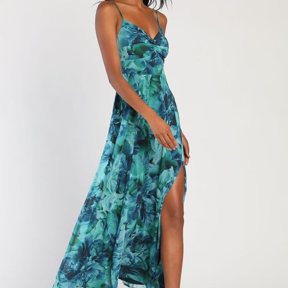 Lulus Beautiful Soul Teal Green Floral Print Twist-front Maxi Dress - Size M - Picture 2 of 3